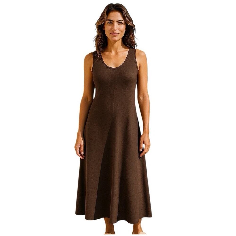 XS Eileen Fisher Brown Linen Blend Fit & Flare Sleeveless Midi Dress Minimalist